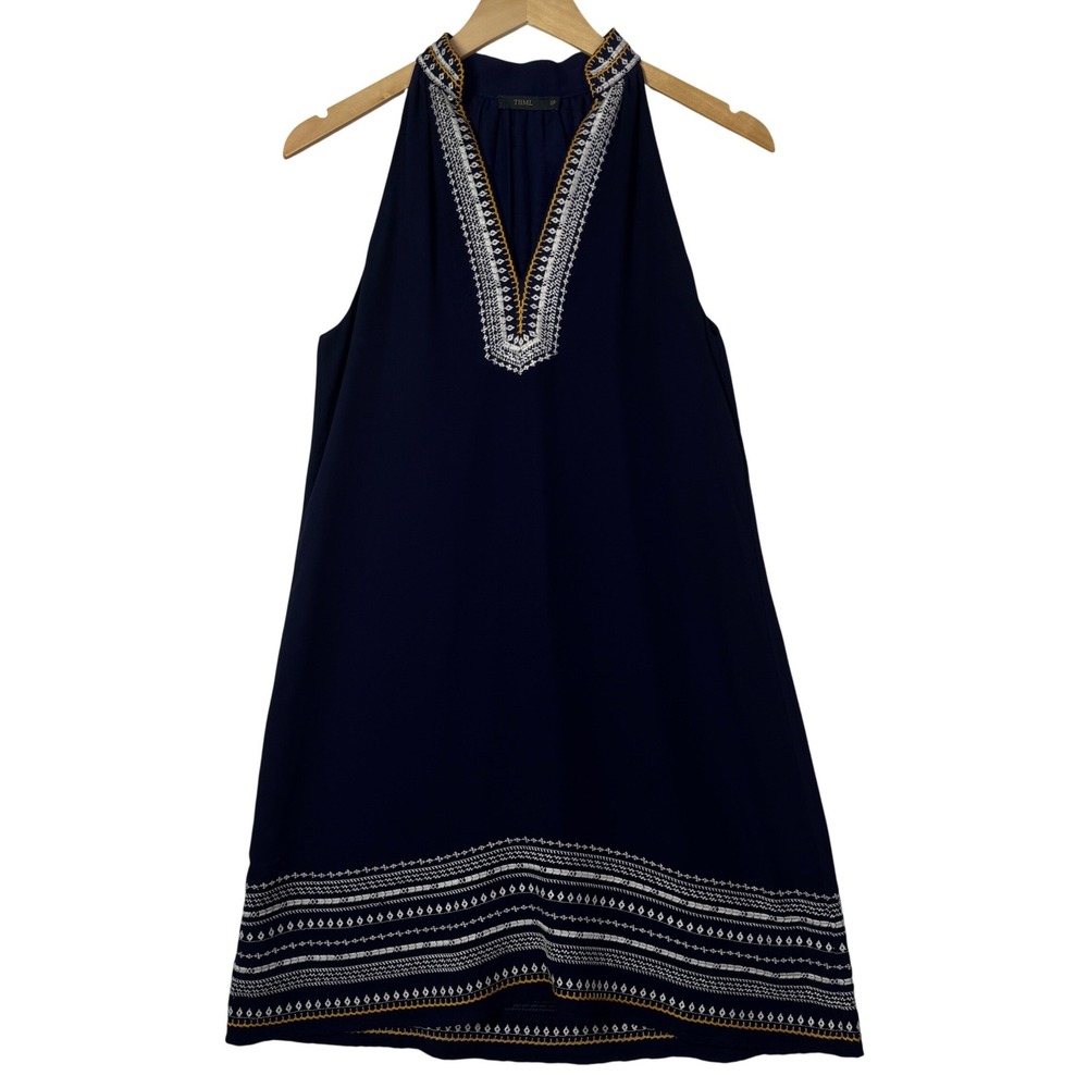 THML Womens Small Petite Navy‎ Embroidered Shift Dress Boho Coastal